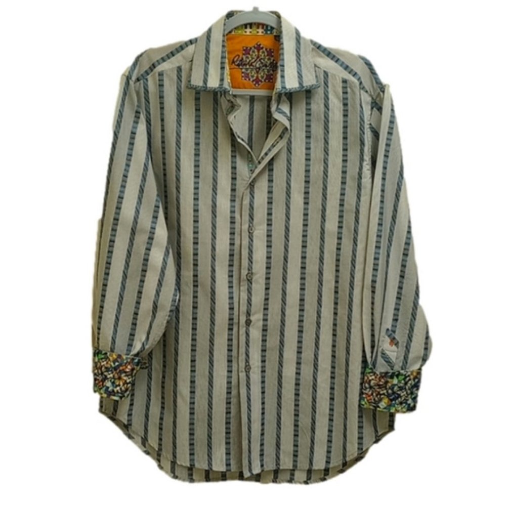 🆕 ROBERT GRAHAM GRAY / WHITE DRESS BUTTON DOWN SHIRT WITH BLUE STRIPES